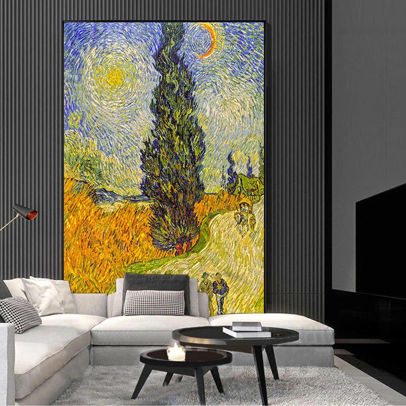 Road with Cypress and Star By Van Gogh Famous Painting Canvas Posters and Prints | Wall Art Decorative Pictures for Living Room